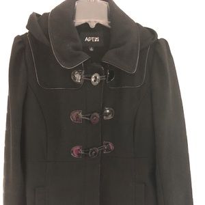 Cute Wool Jacket with hood with faux leather trim strap & button on cuff.